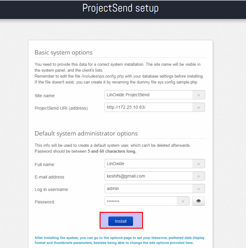 ProjectSend Web settings