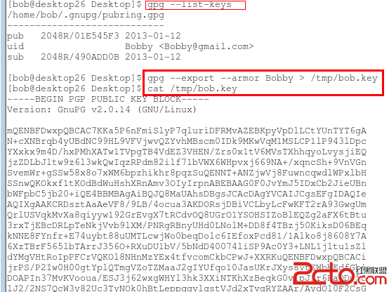 \ 將bob用戶的公鑰通過ASCII格式導出