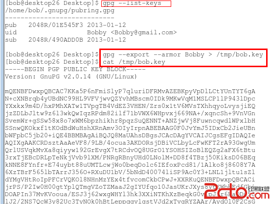 將bob用戶的公鑰通過ASCII格式導出