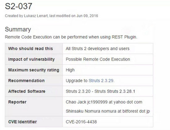 Struts 2再曝遠程代碼執行漏洞S2-037Struts 2再曝遠程代碼執行漏洞S2-037